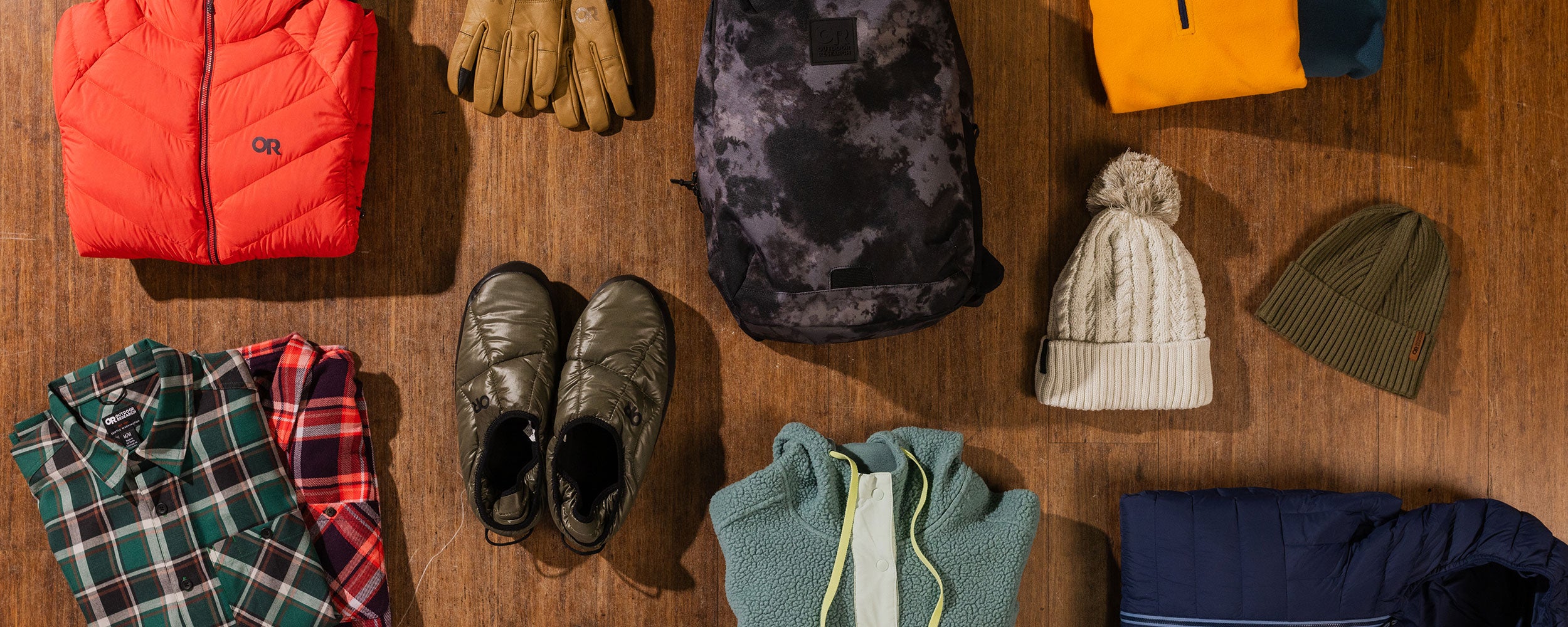 View from above of a variety of Outdoor Research winter products.